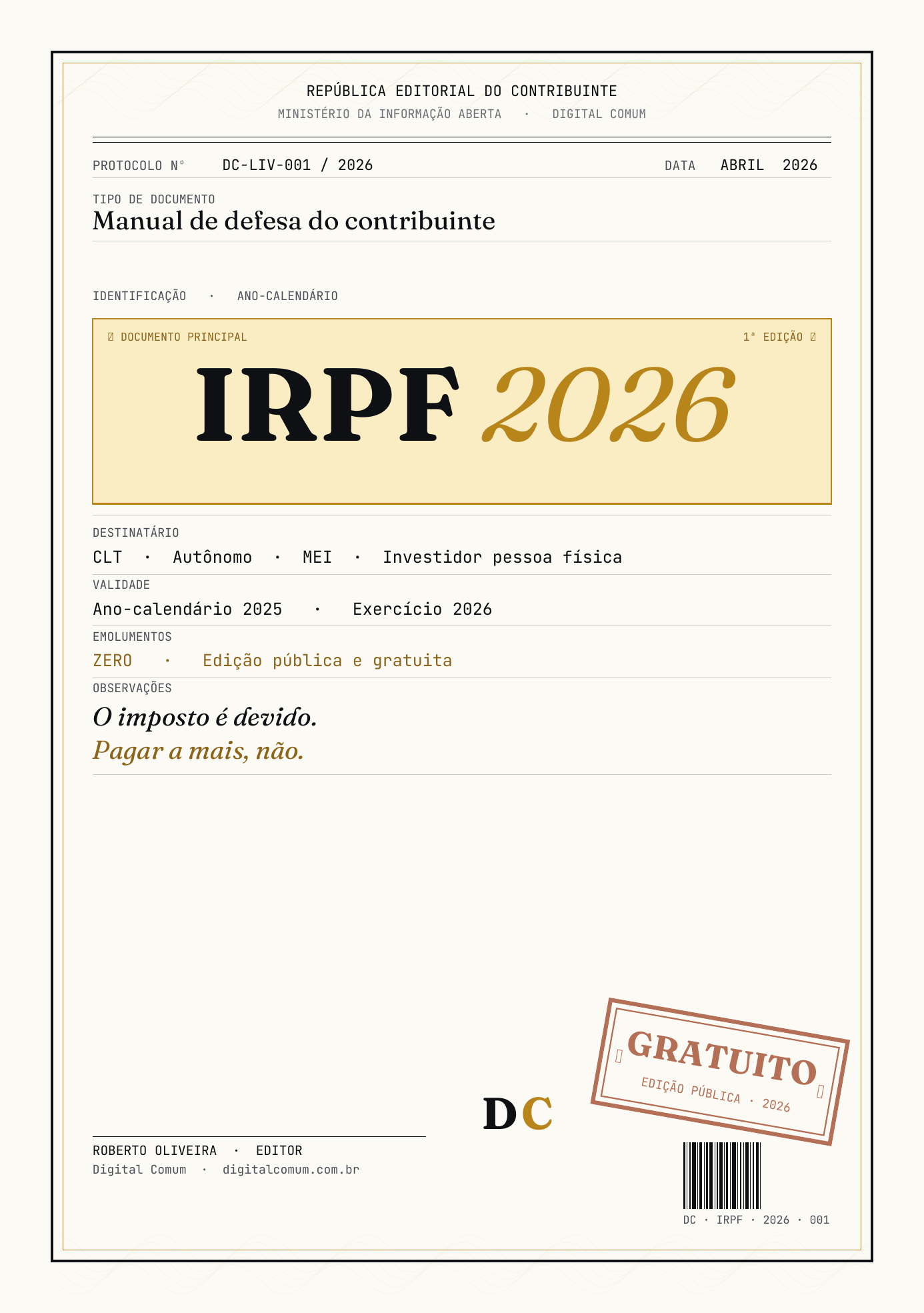 Capa IRPF 2026 — Manual de defesa do contribuinte