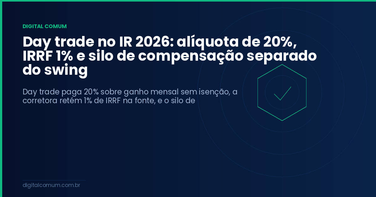 Day trade no IR 2026: alíquota de 20%, IRRF 1% e silo de compensação separado do swing