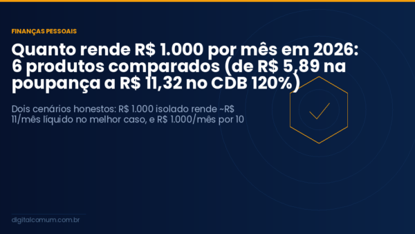 Quanto rende R$ 1.000 por mês em 2026: 6 produtos comparados (de R$ 5,89 na poupança a R$ 11,32 no CDB 120%)
